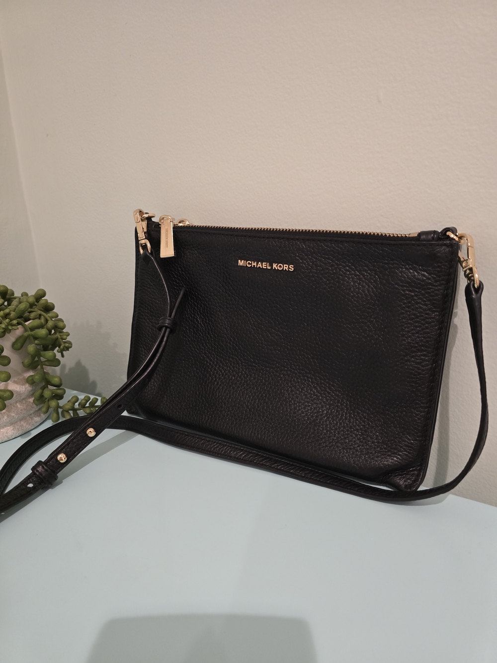 Michael Kors Black Leather Crossbody with Gold Hardware